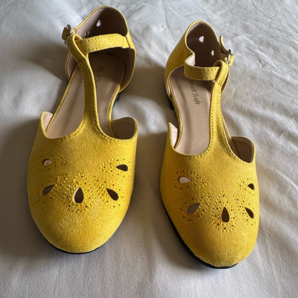 ModCloth Turn Back Prime Vegan T-Strap Flats in mustard yellow